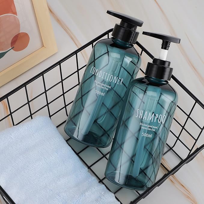 Segbeauty 2-Pack 16.9oz Shower Dispensers, Blue Refillable PET Plastic Bottles for Shampoo, Conditioner, Body Wash, Lotion