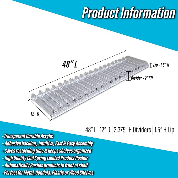 STORE FIXTURES DIRECT Auto Feed Shelf Product Pusher Kit, Adjustable Pushing System for 48" L x 12" D Shelves, 5 Pack - [95 Shelf Pushers + 100 Dividers]