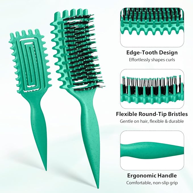 Curl Defining Brush, Curly Hair Brush with Vented Design for Detangling and Shaping, Wet & Dry Use, Reduces Pulling for Women, Men (Green)