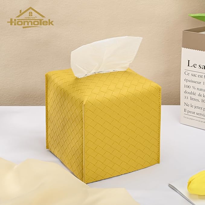 HOMOTEK 2 Pack Tissue Box Cover, Square PU Leather Tissue Holder, Decorative Facial Tissue Cube Paper Organizer Dispenser for Bathroom, Night Stands, Desk, Car 5X5X5'' - Woven Waffle,Mango Yellow