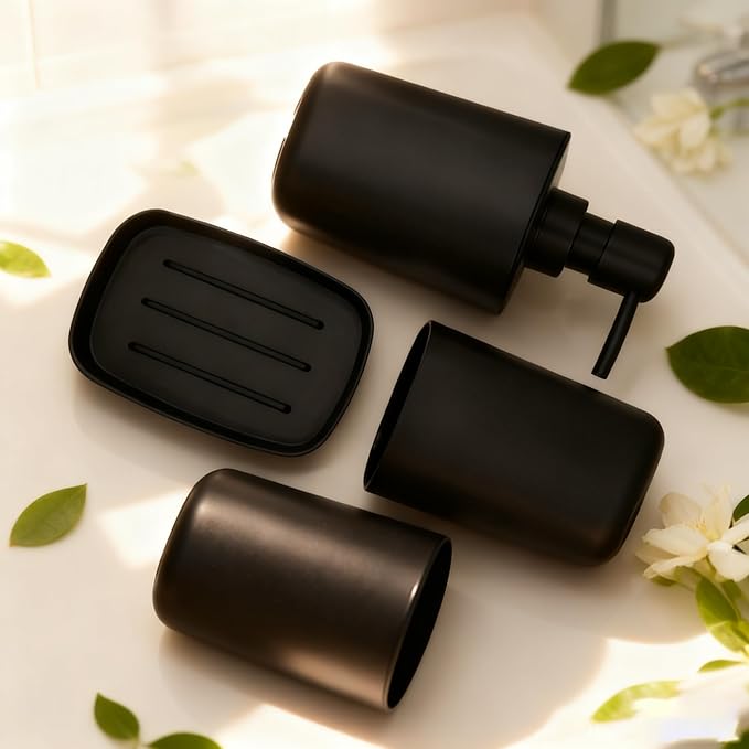 Matte Black Bathroom Accessory Set, 4-Piece Plastic Bathroom Accessory Set, Toothbrush Holder, Toothbrush Cup, Soap Dispenser, and Soap Dish, Suitable for Modern Home Bathroom Decoration