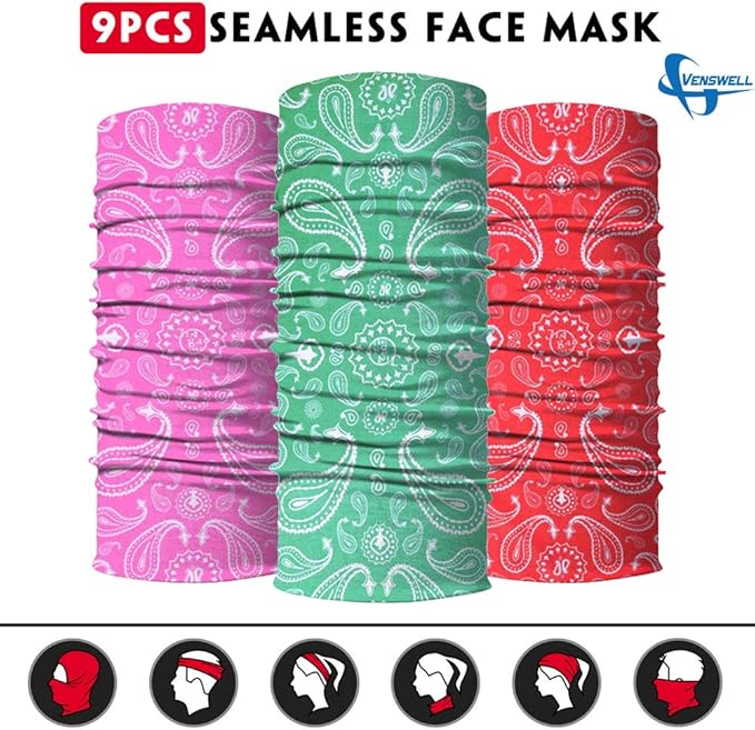 Venswell Neck Gaiter Face Mask Men Women,Seamless Bandana Rave Face Cover Scarf Mask,Balaclava,Headband, Head Wrap,Headwear
