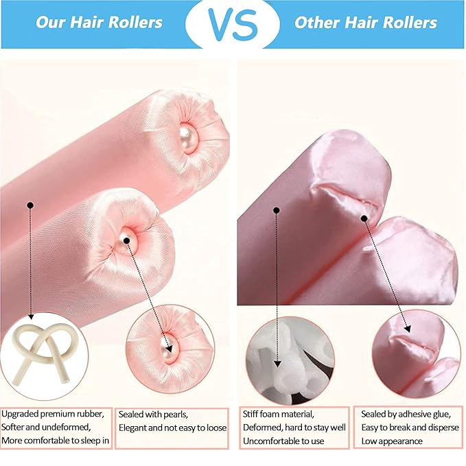 Heatless Curls Overnight,Hair Curlers to Sleep In,No Heat Satin Curling Rod Set Rollers,Sleeping Blowout Headband, Foam Curly Tie Ribbon Styling Tool for Long Hair