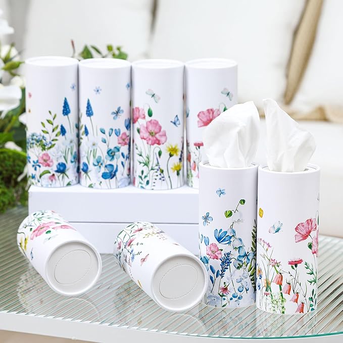Fourluoo 12 Pack Spring Wildflower Cylinder Tissues for Car Floral Round Cylinder Holder with 3 Ply Facial Tissues for Spring Travel Home Bathroom Office Accessories