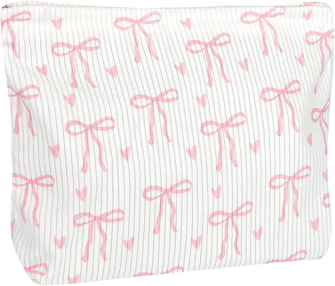 Cute Makeup Pouch for Women Bows Hearts Small Make Up Bag for Purse Zipper Initial Cosmetic Bags Pouches for Purse Aesthetic Travel Toiletrybags,Pink Bow Heart