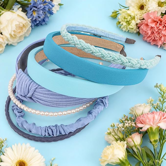 AHONEY 7 Pack Blue Headbands for Girls Women Headbands Trendy Non Slip Hairbands Preppy Hair Accessories Multi-style Headband Pack