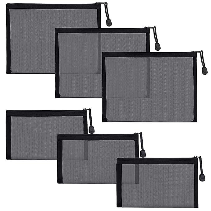 6 Pack Mesh Cosmetic Bags, Nylon Makeup Pouches with Zipper for Home Office Purse Diaper Bag (Black)