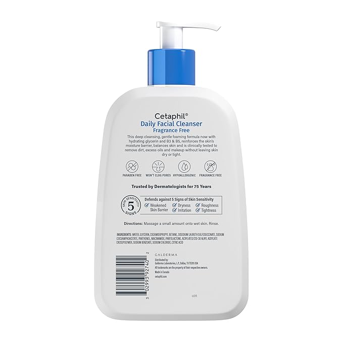 Cetaphil Face Wash, Daily Facial Cleanser for Sensitive, Combination to Oily Skin, 16 Oz, Fragrance Free, Gentle Foaming, Soap Free, Hypoallergenic