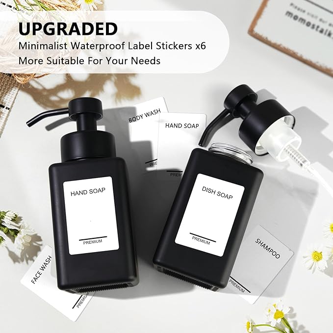 Black Foaming Hand Soap Dispenser 2 Pack,12oz/350ml Glass Foaming Soap Dispenser Set with Stainless Steel Pump, Square Refillable Foam Pump Bottles for Bathroom&Kitchen,Includes 6 Labels