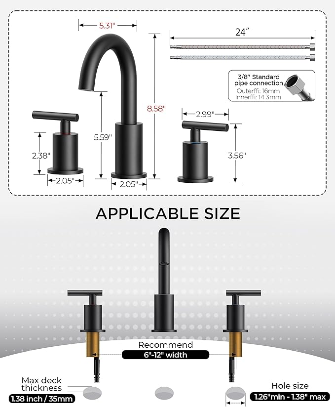 FORIOUS Black Bathroom Faucet 3 Hole, 8 Inch Matte Black Bathroom Sink Faucet Widespread with 360° Swivel Spout, Suitable for 6-12 Inch Vanity Sink, with Pop-up Drain and cUPC Supply Line