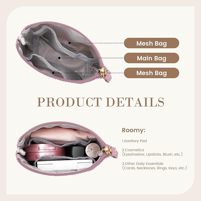 MAGEFY Mini Makeup Bag, Cute Small Makeup Bag for Purse Corduroy Cosmetic Bag for Women with Slip-in Pockets Travel Purse Essentials Lipstick Bag(Pink,Mini)