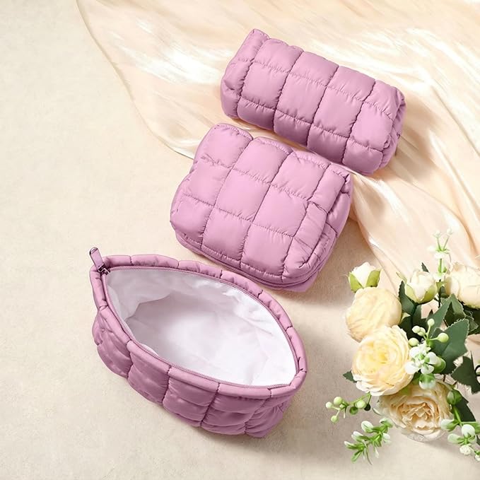 3 Pcs Puffy Makeup Bag Quilted Cosmetic Pouch for Women Cute Checkered Travel Toiletry Bag Puffer Makeup Organizer Purse Pouch Preppy Pencil Case with Zipper(Nude Pink)