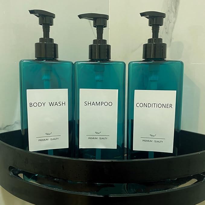 Shampoo and Conditioner Dispenser Set, 3Pack Refillable Shampoo and Conditioner Bottles with Labels, 500ml Soap Dispenser 16.9oz Shower Dispenser Square Pump Bottle for Bathroom and Kitchen - Sea Blue