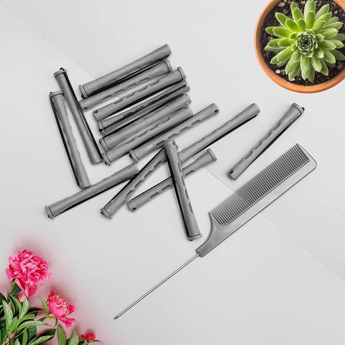 Coolrunner 60PCS Hair Perm Rods Set, Plastic Curler Perm Rods with Steel Pintail Comb, DIY Hair Curler Styling Tools for Hairdressing Hair (0.9cm, Blue, Gray)