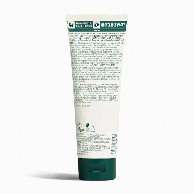 The Body Shop Tea Tree 3 in 1 Wash Scrub & Mask – Purifying Vegan Skincare For Oily, Blemished Skin – 4.2 oz