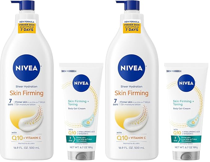 NIVEA Sheer Hydration Skin Firming Body Lotion (16.9 Fl Oz) + Skin Firming & Toning Body Gel Cream with Hyaluronic Acid (6.7 Oz),Enriched with Q10 and Vitamin C,(Pack of 4)