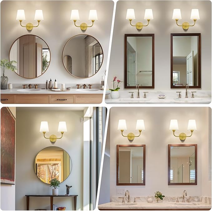 Bathroom Vanity Light, Brushed Gold Bathroom Light Fixtures, 2-Light Lighting Fixtures Over Mirror, Modern Wall Sconce with Flared White Fabric Shade, E26 Socket(ETL Listed)