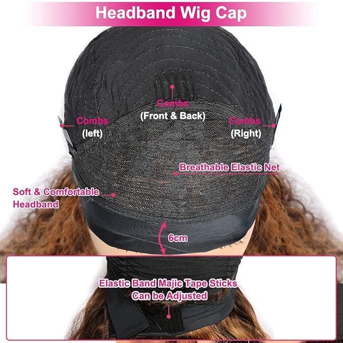 XSY Highlight Headband Wig Human Hair Curly Headband Wigs for Black Women None Lace Front Machine Made Human Hair Wig 150% Density 4/27# Highglight Wig (20 Inch)