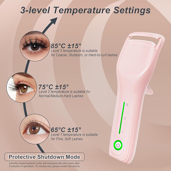 Heated Eyelash Curler, Type-C Rechargeable with 3 Temp Settings & Safe Silicone Pad for Natural Curls, Travel-Friendly (Pink)