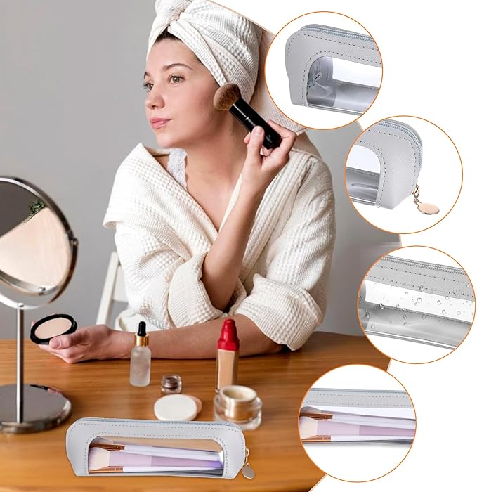 Small Clear Makeup Bag, PU Leather Travel Makeup Brush Bag Portable Transparent Waterproof Cosmetic Pouch with Zipper for Women Home Travel Office Cosmetic Storage (Grey)