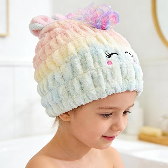 2 PCS Microfiber Hair Towel Wrap for Kids, Girls & Women,Cute Unicorn and White Rabbit Dry Hair Cap - Super Absorbent Quick Drying, Lightweight Turban Towel for Wet Hair