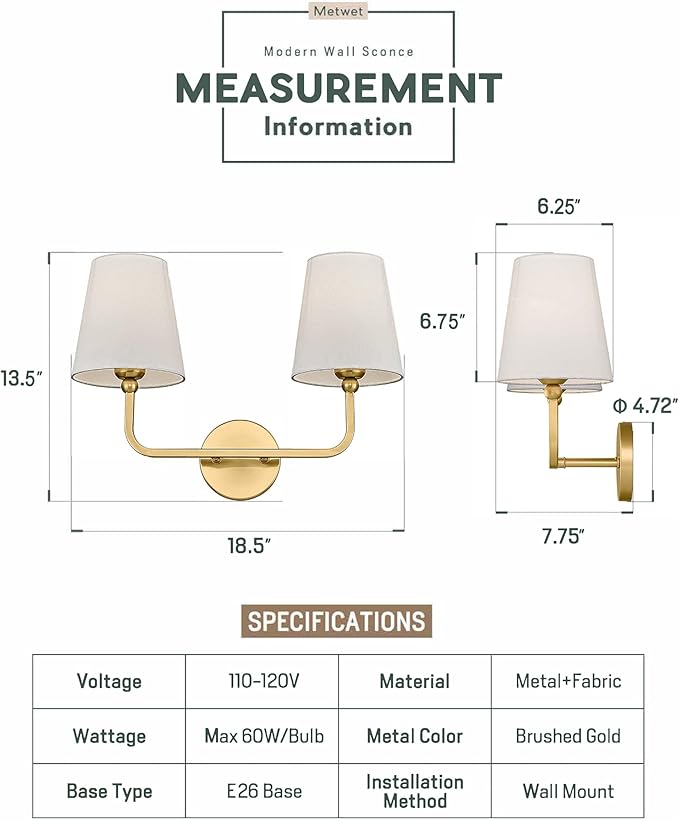 2 Light Bathroom Vanity Light, Brushed Gold Double Wall Sconce with Flared White Fabric Shade, Modern Sconces Wall Lighting for Hallway Bedroom Stairway, VL837-BG