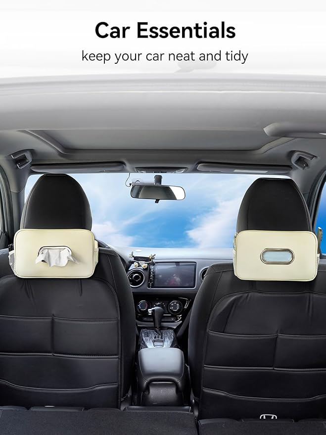 2 Pack Multi-functional Car Tissue Holder with ‌2 Tuck Nets, Upgraded PU Leather Tissue Box Cover, Large Rectangle Napkin Storage Organizer, Keep Car Tidy, White