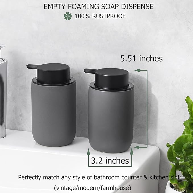 rejomiik Foaming Soap Dispenser Thick Ceramic Foam Hand Soap Dispenser for Bathroom or Kitchen Sink, Liquid Pump Bottles for Hand soap, Body Wash, Grey