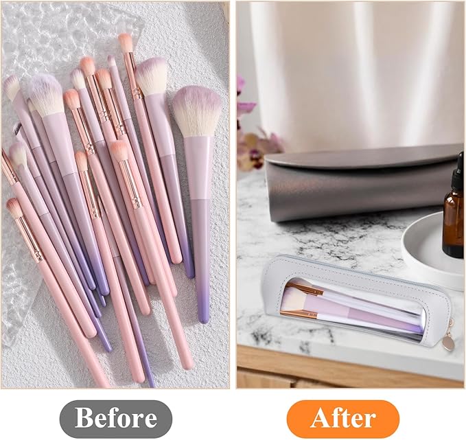 Small Clear Makeup Bag, PU Leather Travel Makeup Brush Bag Portable Transparent Waterproof Cosmetic Pouch with Zipper for Women Home Travel Office Cosmetic Storage (Grey)