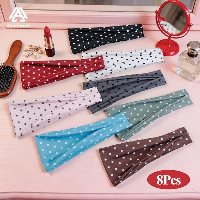 Headbands for Women, 8 Pack Non-Slip Moisture Wicking Sports Wide Head Bands, Stretchy Elastic Fabric, Multiple Colors Securing Hair for Fashion, Sports, Yoga, Running, Daily Life (Polka Dot)