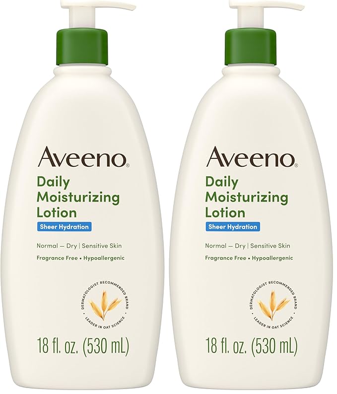 Aveeno Sheer Hydration Daily Moisturizing Fragrance-Free Lotion with Nourishing Prebiotic Oat, Fast-Absorbing Body Moisturizer for Dry Skin with Lightweight, Breathable Feel, 18 fl. oz (Pack of 2)