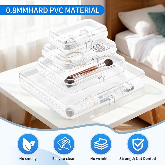 Clear PET Plastic Storage Boxes with Double Zippers, 4 Sizes (S/M/L/XL) Waterproof Organizer Cases for Toys, Cosmetics, Snacks, Travel Essentials (White)