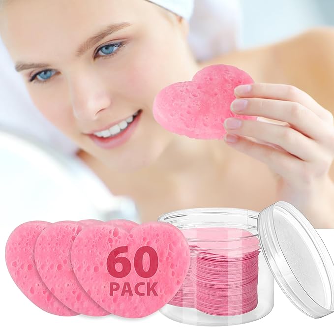 60-Count Compressed Facial Sponges With Container, Heart Shape Face Sponge, 100% Natural Pads for Cleansing, Massage, Pore Exfoliating Mask, Makeup Removal (Pink)