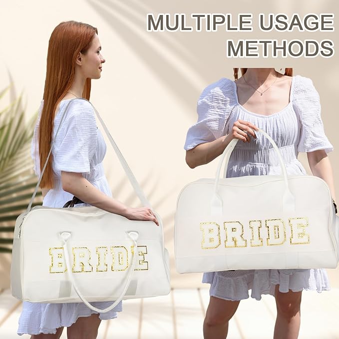 2 Pcs Wedding Weekender Bag Bride Groom Duffle Bag Chenille Letter Patch Travel for Bridal Shower Honeymoon Gift(Bride,White)