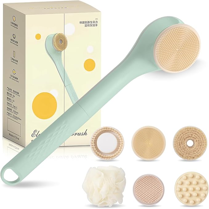 LINGSFIRE Electric Body Bath Brush, Rechargeable Back Scrubber for Shower, Long Handle Exfoliating Bath Brush for Shower, Lotion Applicator for Back, Silicone Body Scrubber with 6 Shower Brush Heads