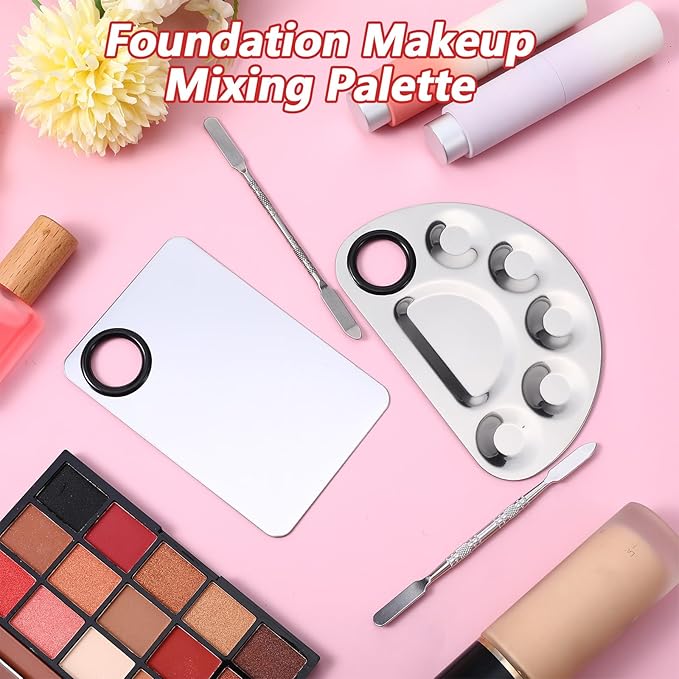 2 Set Metal Makeup Mixing Palette with Spatula, Stainless Steel Cosmetic Artist Tool Palette Reusable Beauty Tools for Foundation Mix, Facial Cosmetic, Nail Art (Sliver)