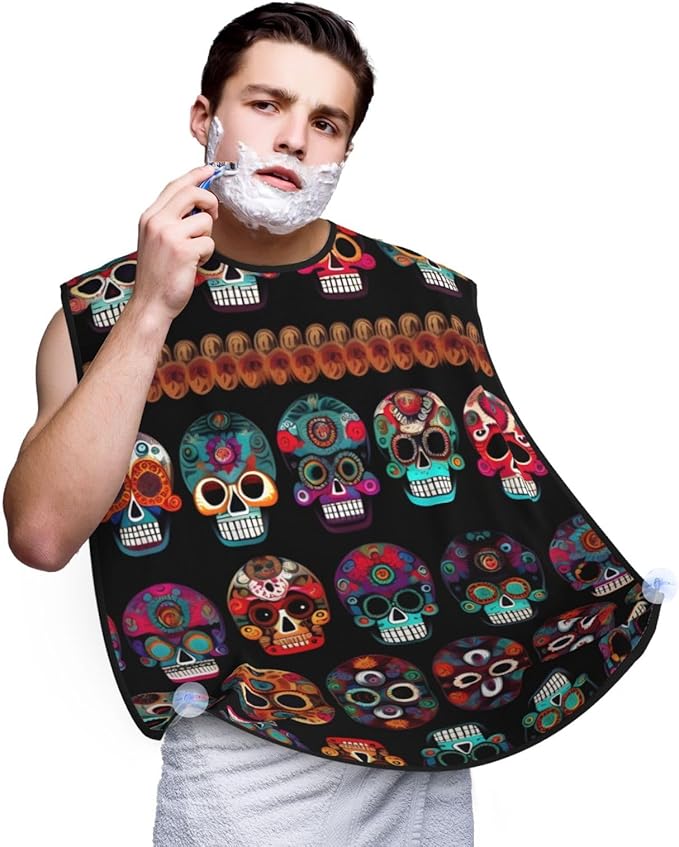 Mexican Skull Print Print Beard Bib Apron For Men, Beard Hair Catcher For Men Shaving Trimming,Beard Cape Cloth