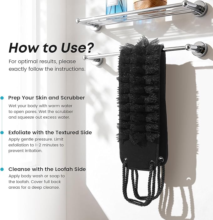 Back Scrubber with Handles for Shower, Wider 40 Inches Dual-Sided Back Washer with Exfoliating Texture and Loofah for Men, Women and Elderly, Bath Back Exfoliator Body Cleaner for Deep Cleansing