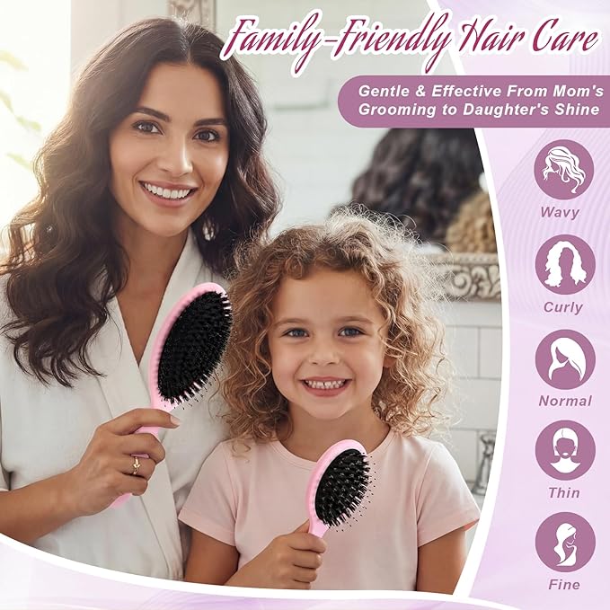 2 Pcs Pink Boar Bristle Hair Brush Set Full-size and Travel Size Soft Boars Hairbrushes Natural Bristle Detangling Brush for Women Men Thick Curly Hair Detangling Soften Silky Shine