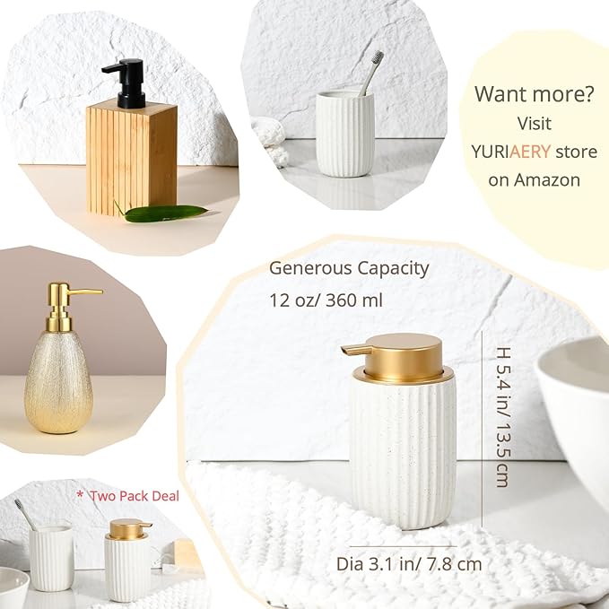 Speckled Matte White Ceramic Foam Soap Dispenser, 12 oz Refillable Pump with Golden Top, Elegant Foaming Dispenser for Bathroom or Kitchen, Speckled White