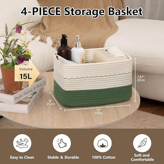 4 Pack Storage Baskets for Organizing, 13"X9"X7.87", Decorative Cotton Rope Baskets for Shelves, Small Woven Basket for Toys, Books and Towels, Green & White