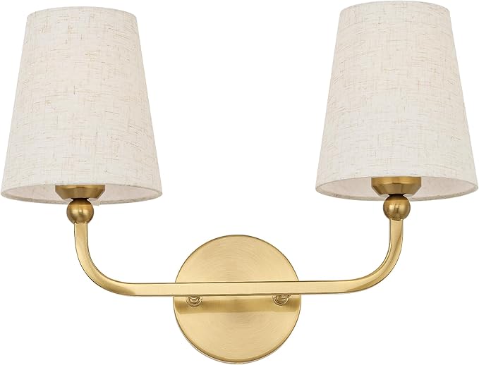 2-Light Bathroom Light Fixtures, Brushed Gold Vanity Lights, Double Wall Sconce with Linen Fabric Shade, Modern Sconces Wall Lighting for Hallway Bedroom Stairway, VL837-BG-A-2