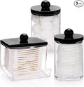 Tbestmax 3 Pack Qtips Holder Dispenser - Bathroom Organizers and Storage Containers, Plastic Apothecary Jars with Black Lids for Cotton Swab, Cotton Round Pads, Floss