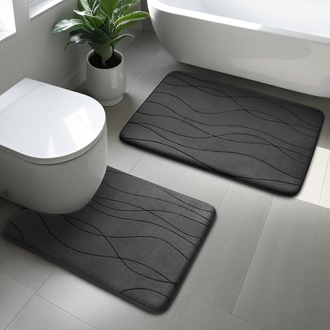 YIHOUSE Memory Foam Grey Bathroom Rug Sets 2 Piece, Ultra Absorbent Bath Mat for Bathroom - Non-Slip Machine Washable & Dry Quickly, 2 Piece Bathroom Mat Set, Dark Grey