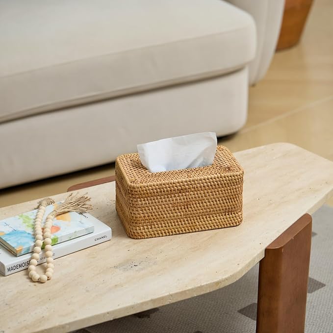 Rattan Tissue Box Cover, Rectangle Wicker Tissue Box Holder, Boho Tissue Box Cover for Living Room, Bathroom, Kitchen, Bedroom, 10.2 x 6.2 x 5.3 inch, Natural