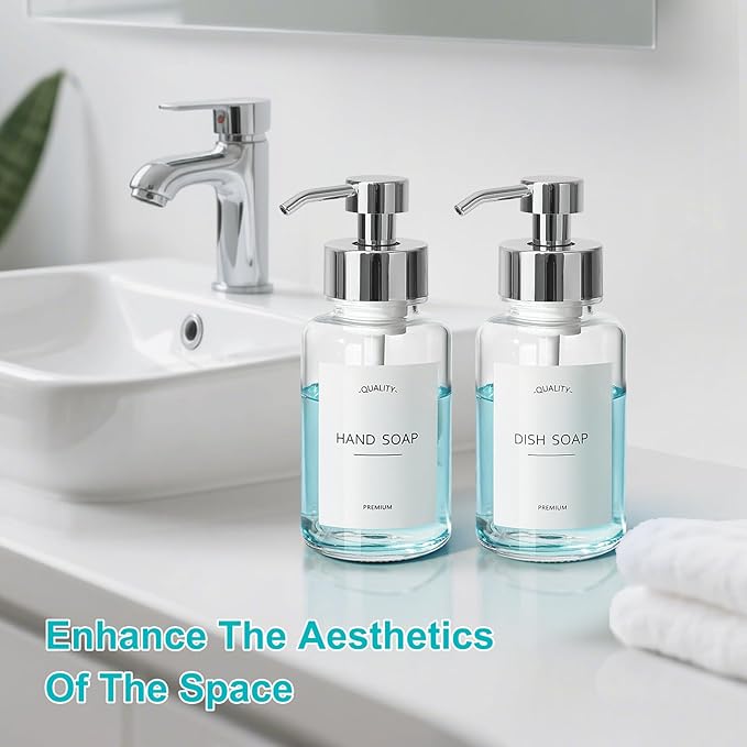 Foaming Soap Dispenser, 14.1 oz/400ml Foaming Hand Soap Dispenser, 2 Pack Glass Foaming Dispenser for Bathroom & Kitchen, Clear Refillable Liquid Dispenser Bottle with Waterproof Labels