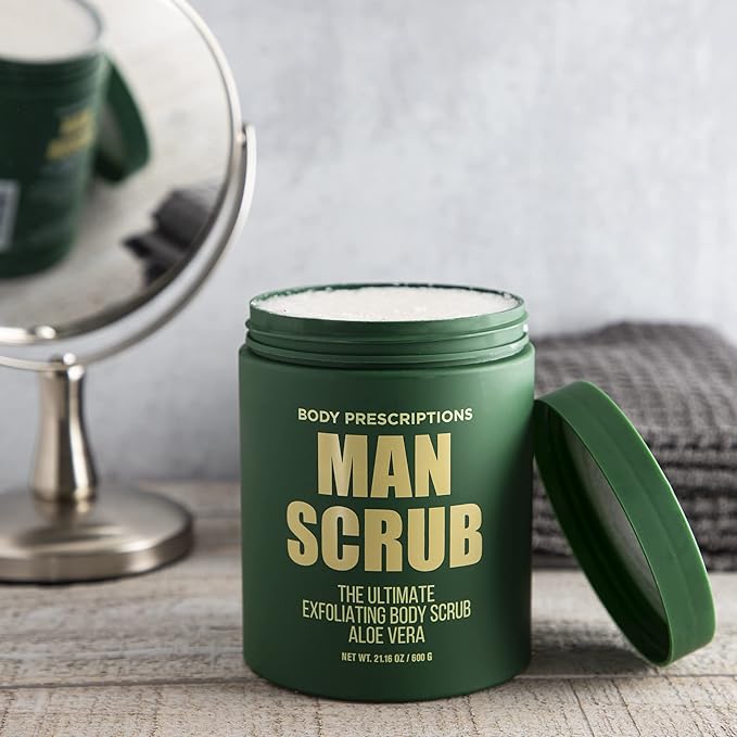 Body Prescriptions Men’s Exfoliating Body Scrub – Ultimate Skin Cleansing Wash in Jar with Twist-Top Lid, For All Skin Types, 21 Ounce (Pack of 4), Aloe Vera