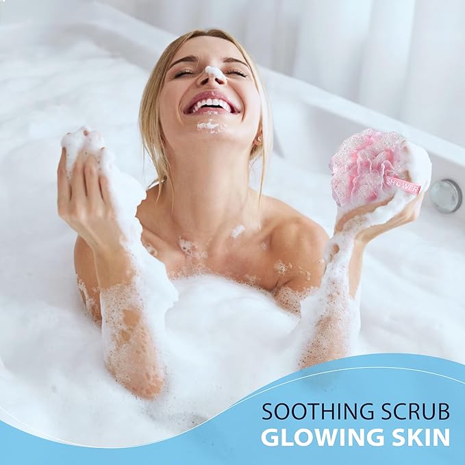 Loofah-Bath-Sponge Lace-Mesh-Set // 2-Scrubs-in-1 by Shower Bouquet/Large Full 60g Pouf (4 Pack Spa Colors) Body Luffa Loofa Loufa Puff - Exfoliate, Cleanse Skin with Luxurious Bathing Accessories