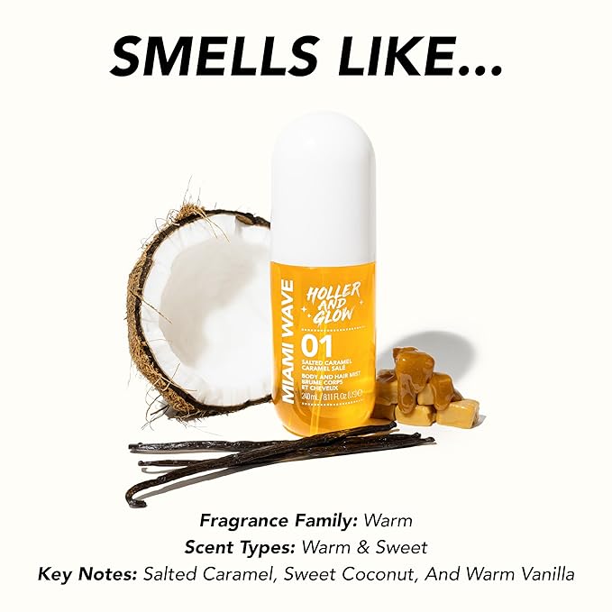 Holler And Glow Miami Wave Salted Caramel Body & Hair Mist, Body Spray For Women, Hair Perfume, Fragrance, Sweet Coconut, Vanilla Scented, Warm & Sweet Fragrance Notes, 8.11 Fl Oz