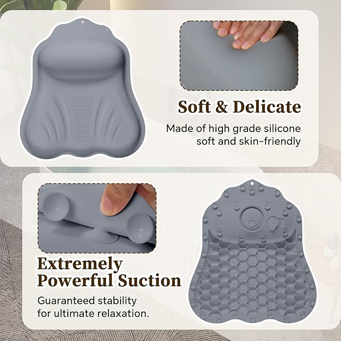 Luxury Silicone Bath Pillow for Tub, New Cloud-Soft 4D Air-Cushion Bathtub Pillow for Head and Neck & Back Support, Strong Suction Cups, Waterproof Quick-Dry Bathtub Headrest (Gray)